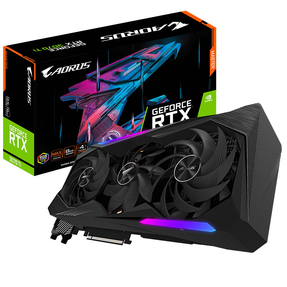 

Видеокарта GIGABYTE NVIDIA GeForce RTX 3070Ti AORUS Master 8G, 8Gb DDR6X, 256 бит, PCI-E, 3HDMI, 3DP, Retail (GV-N307TAORUS M-8GD), AORUS Master 8G