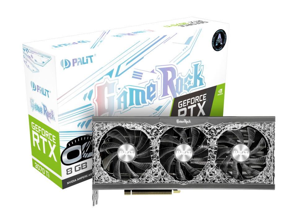 

Видеокарта Palit NVIDIA GeForce RTX 3070Ti GameRock OC, 8Gb DDR6X, 256 бит, PCI-E, HDMI, 3DP, Retail (NED307TT19P2-1047G), GameRock OC