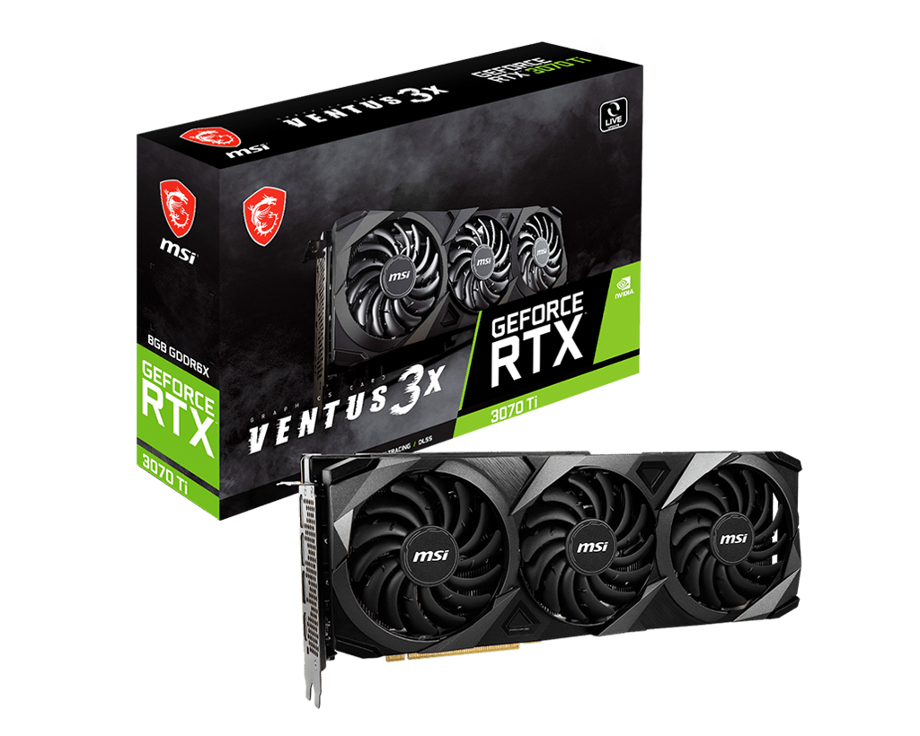 

Видеокарта MSI NVIDIA GeForce RTX 3070Ti VENTUS 3X 8G OC, 8Gb DDR6X, 256bit, PCI-E, HDMI, 3DP, Retail (RTX 3070 TI VENTUS 3X 8G OC LHR), VENTUS 3X 8G OC