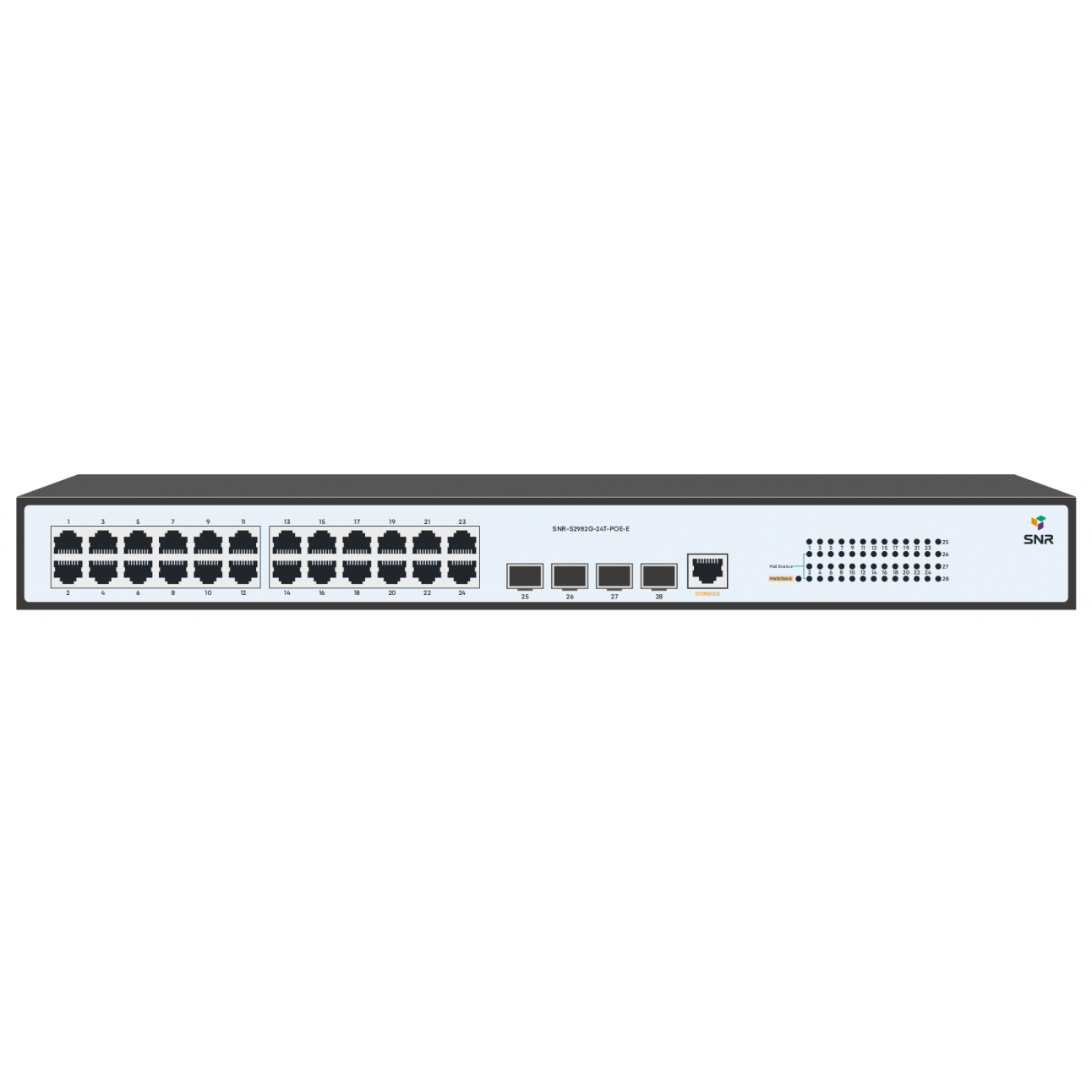 Коммутатор SNR SNR-S2982G-24T-POE-E, управляемый, кол-во портов: 24x1 Гбит/с, SFP 4x1 Гбит/с, установка в стойку, PoE: 24x30Вт (макс. 370Вт) (SNR-S2982G-24T-POE-E)