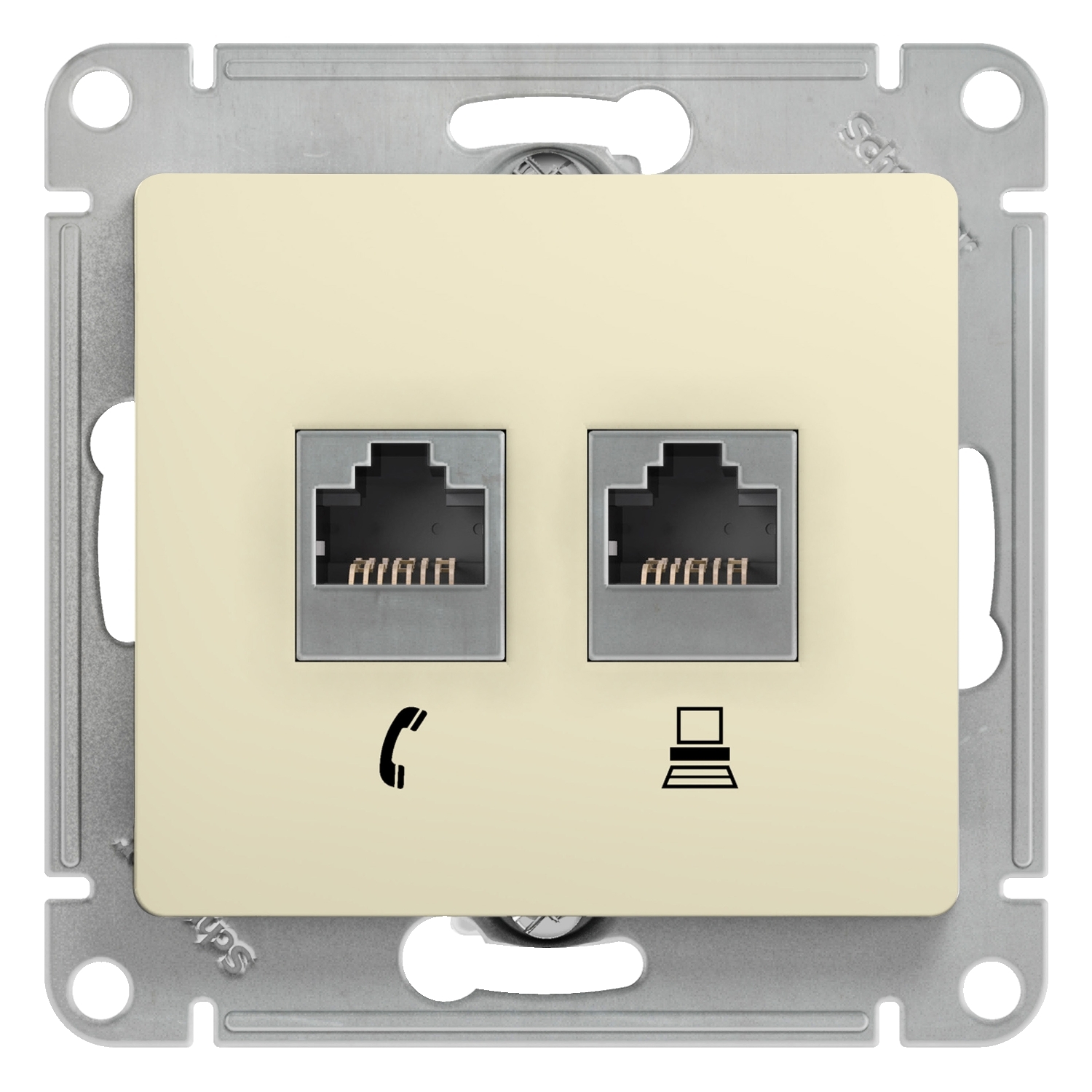 

Розетка RJ-45+RJ-11 скрытый монтаж категория 5e, механизм без рамки, бежевый, Schneider Electric GLOSSA (GSL000285)