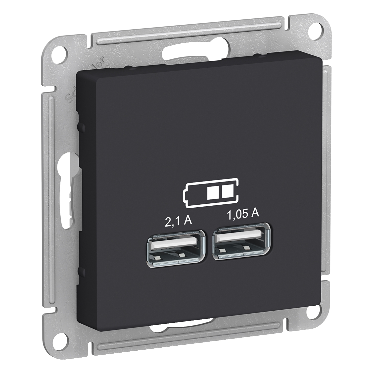 

Розетка Schneider Electric AtlasDesign, 2xUSB-A, 1.05А, 2.1А, механизм, карбон (ATN001033)