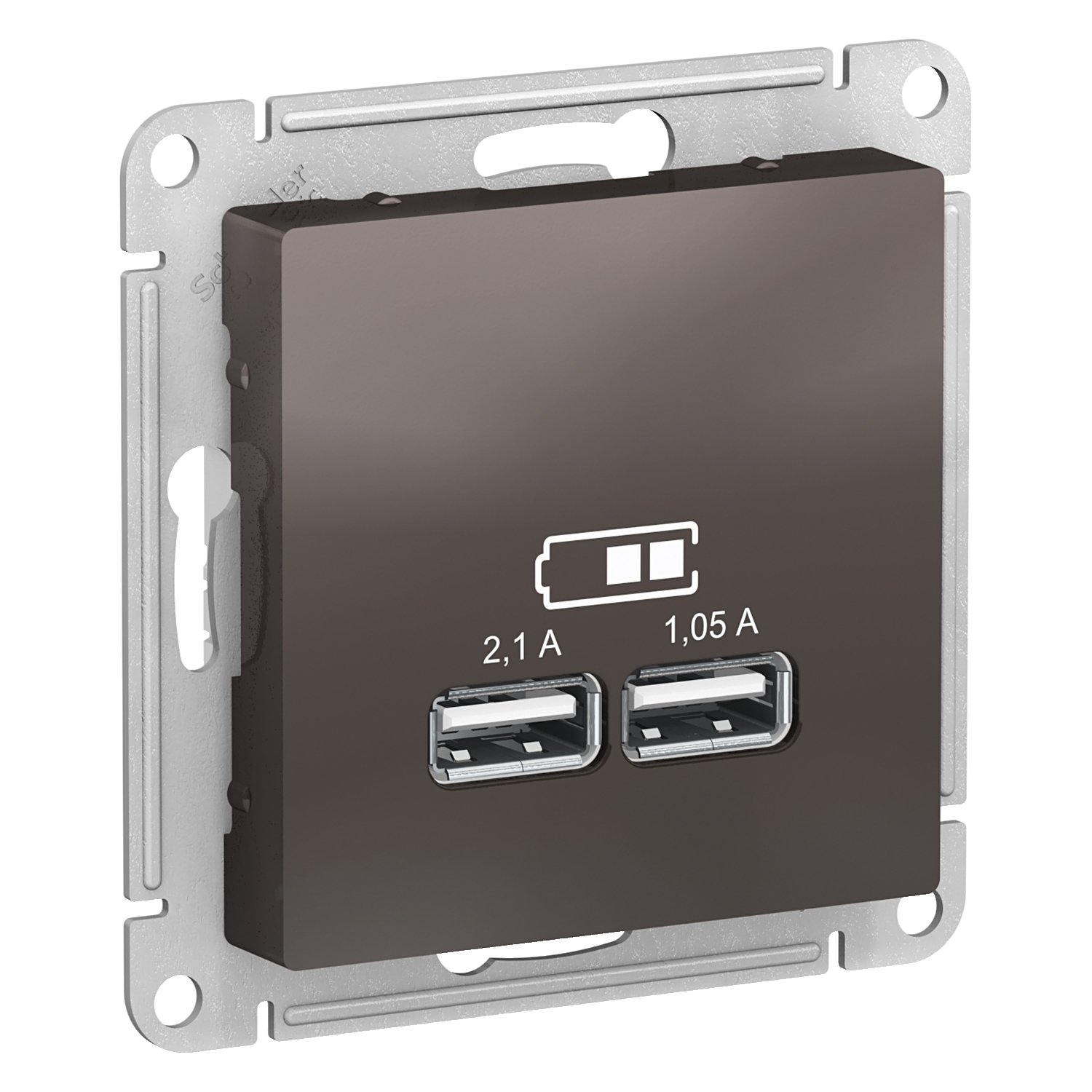 Розетка Schneider Electric ATLASDESIGN, скрытый монтаж, 2-х постовая, механизм без рамки и накладки, IP20, 2xUSB, мокко (ATN000633)