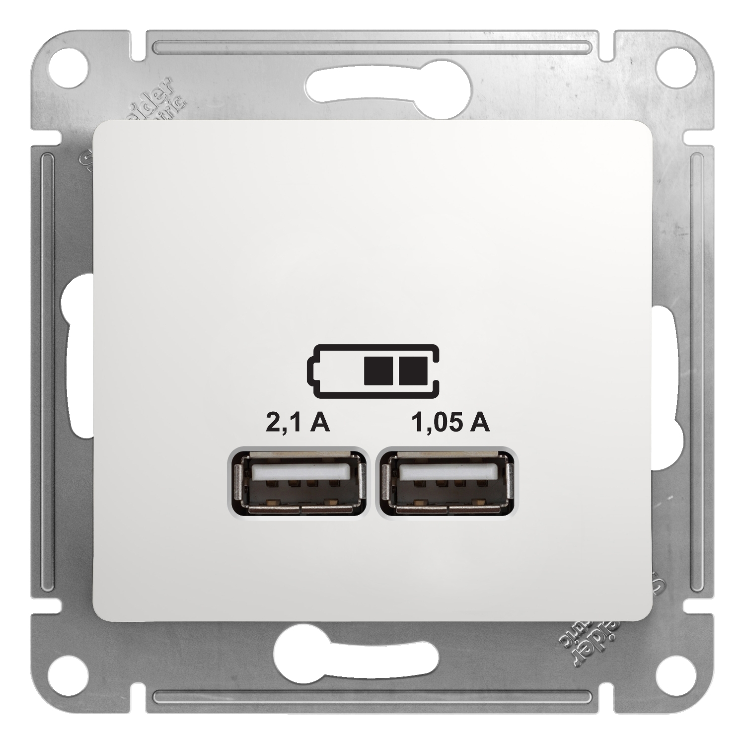 

Розетка Schneider Electric Glossa, 2xUSB-A, 1.05А, 2.1А, механизм, белый (GSL000133)