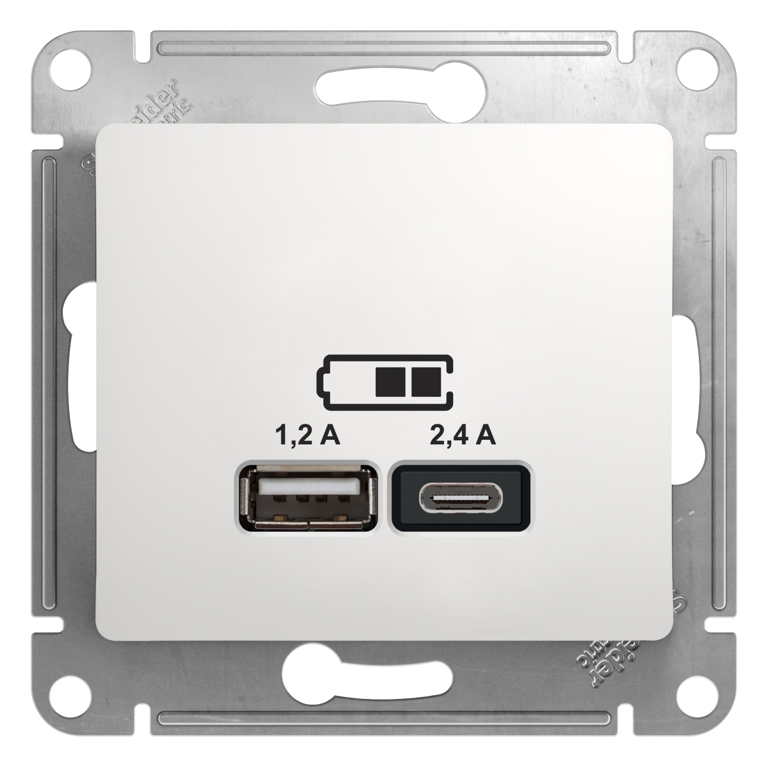 

Розетка Schneider Electric Glossa, USB-A, USB-C, 1.2А, 2.4А, механизм, белый (GSL000139)