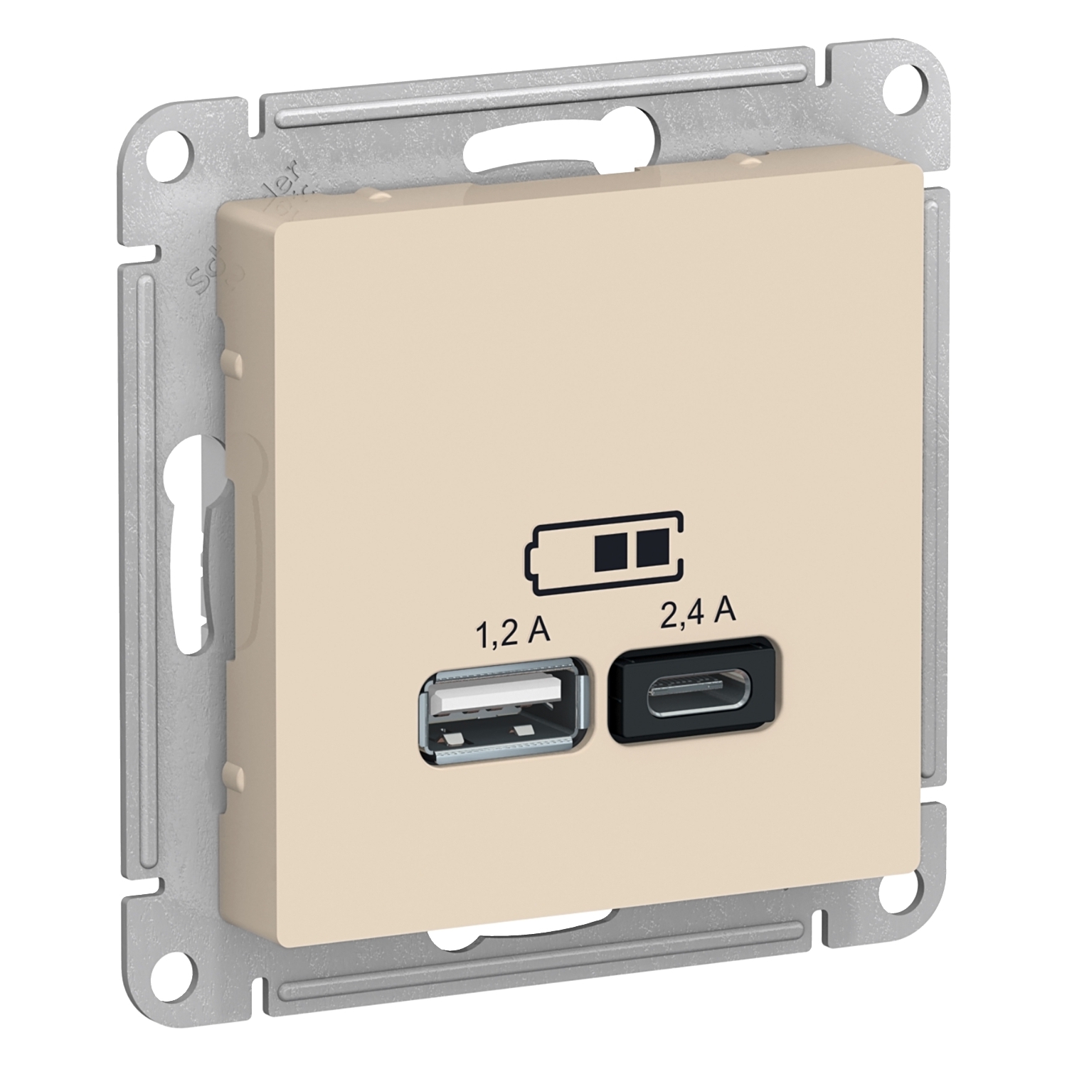 

Розетка Schneider Electric AtlasDesign, USB-A, USB-C, 1.2А, 2.4А, механизм, бежевый (ATN000239)