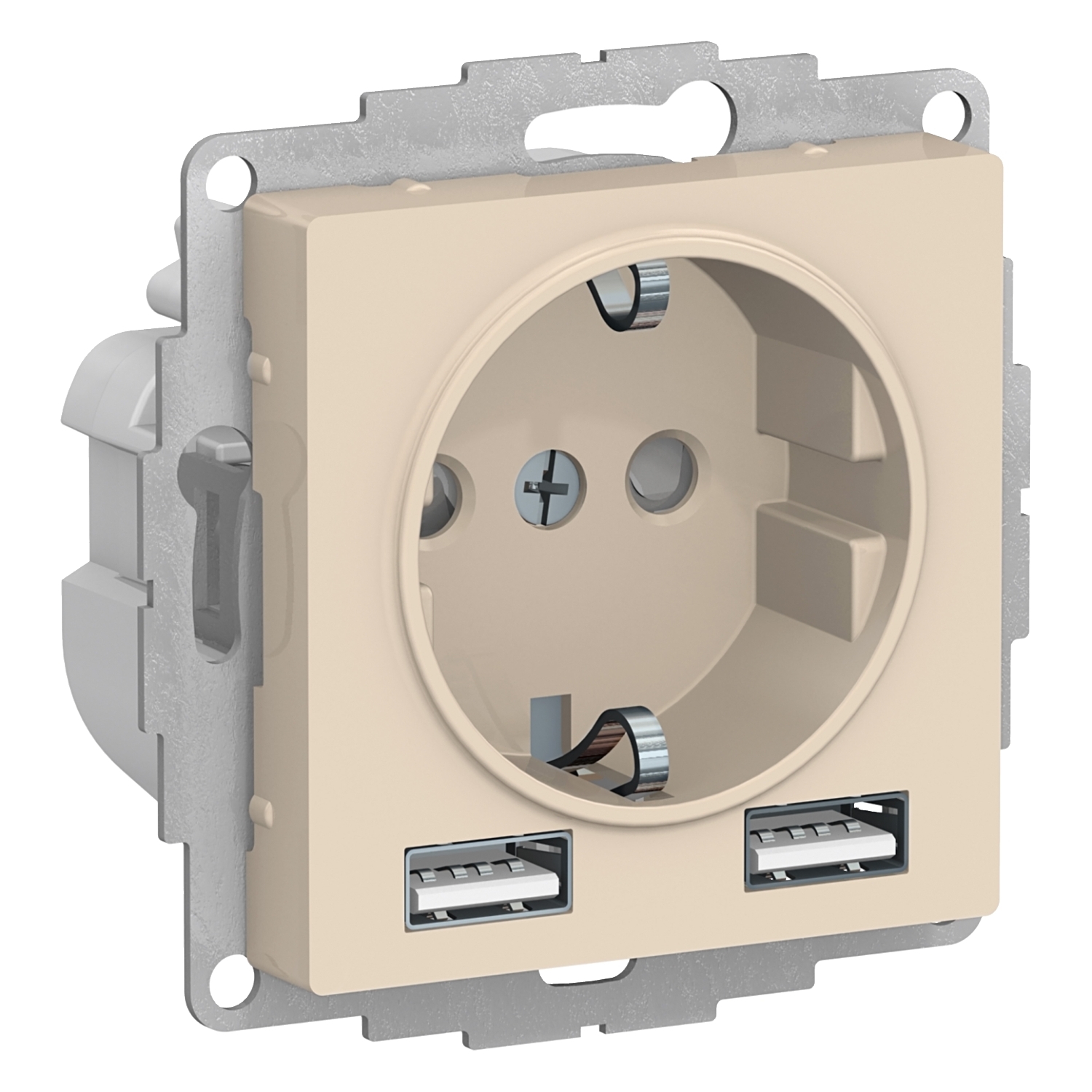 

Розетка Schneider Electric ATLASDESIGN, скрытый монтаж, однопостовая, с з/к, 16A, механизм без рамки и накладки, IP20, 2xUSB - 5V/2.4 А или 2х5V/1.2 А, бежевый (ATN000230)