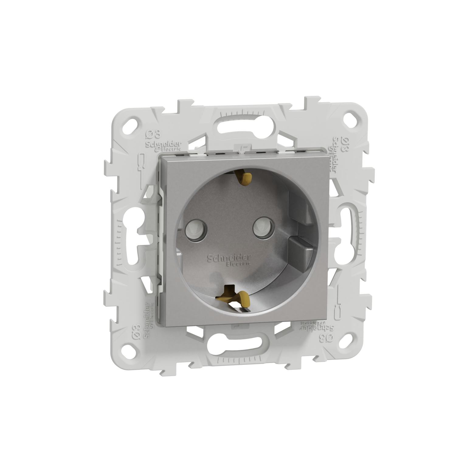 

Розетка Schneider Electric Unica New, скрытый монтаж, однопостовая/модулей: 1, с з/к, со шторками, 16A, механизм без рамки и накладки, IP21, алюминий (NU503730), 0