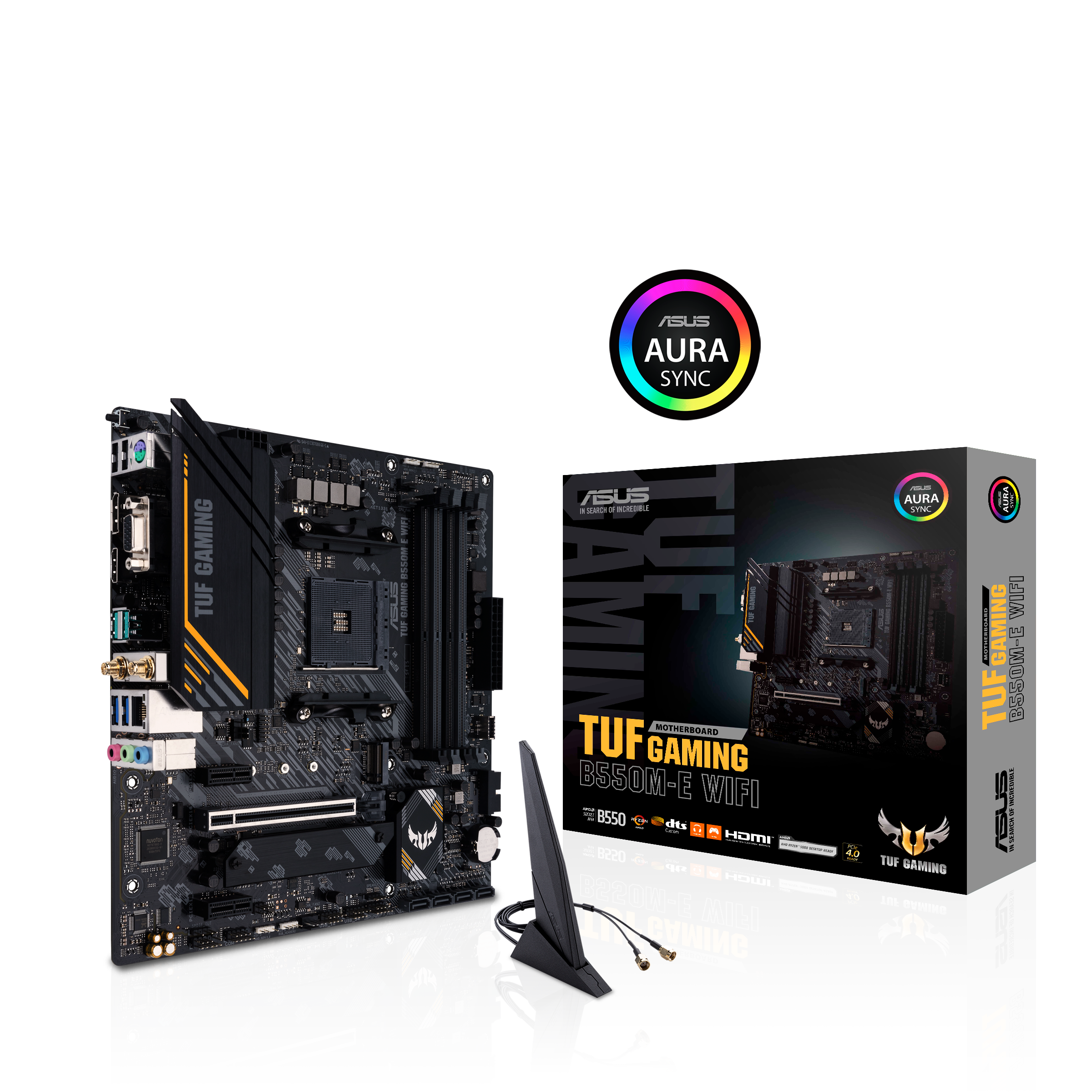 

Материнская плата ASUS TUF GAMING B550M-E WIFI, SocketAM4, AMD B550, 4xDDR4, PCI-Ex16, 4SATA3, 7.1-ch, GLAN, 6 USB 3.2, 1 USB Type-C, VGA, HDMI, DP, mATX, Retail, TUF GAMING B550M-E WIFI