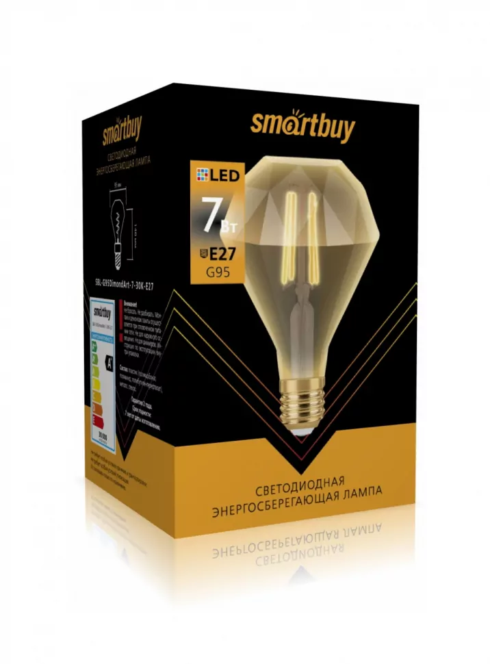 

Лампа светодиодная E27 Diamond/G95, 7Вт, 3000K / теплый свет, 500лм, филаментная, SMARTBUY Smartbuy-G95Dimond-7W/3000/E27 ART ( SBL-G95DimondArt -7-30K-E27 ), Smartbuy-G95Dimond-7W/3000/E27