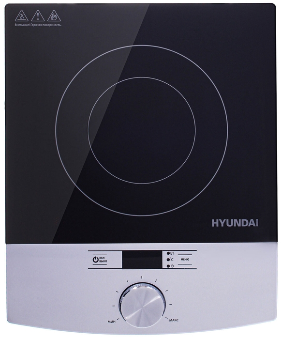 Плита компактная электрическая Hyundai HYC-0102, стеклокерамика, индукционная, 2000Вт, конфорок - 1шт., серебристый/черный (HYC-0102), цвет серебристый/черный