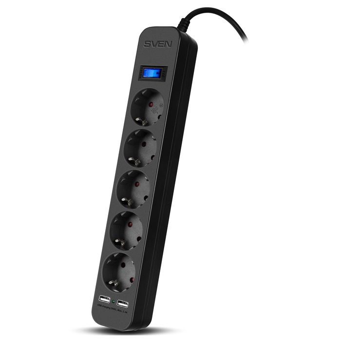 

Сетевой фильтр SVEN SF-05LU, 5-розеток, 2xUSB, 3 м, черный (SV-018849), SF-05LU