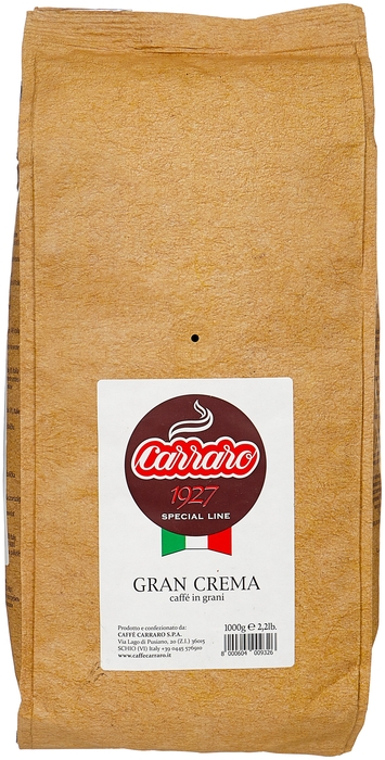 Кофе в зернах Carraro Gran Crema 1 кг, средняя обжарка, смесь арабики и робусты (1116216)