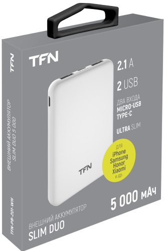 

Портативный аккумулятор (Powerbank) TFN SlimDuo, 5000mAh, 2xUSB, 2.1A, Type-C, белый (TFN-PB-201-WH), SlimDuo
