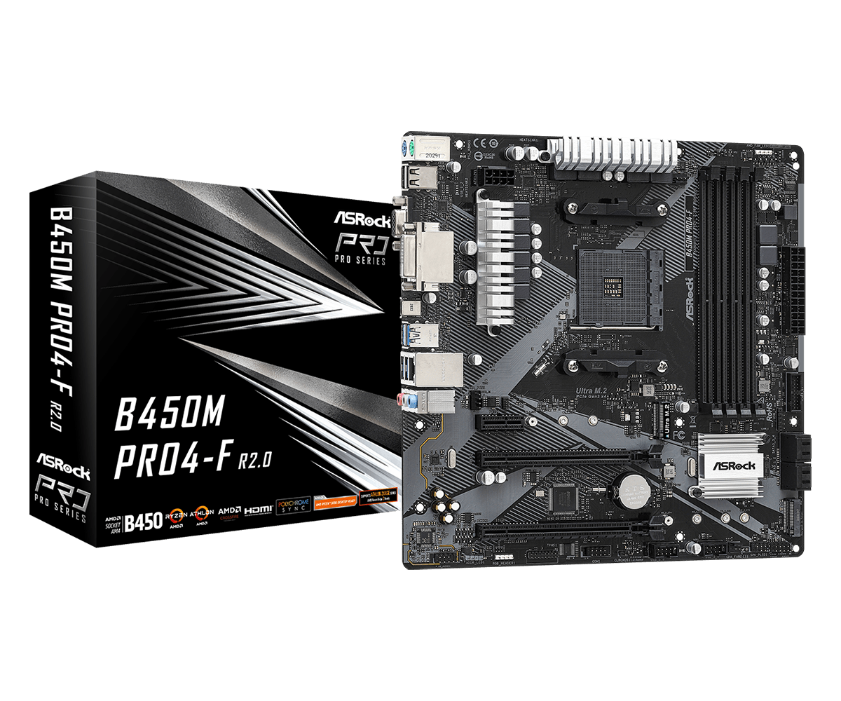 

Материнская плата ASRock B450M PRO4-F R2.0, SocketAM4, AMD B450, 4xDDR4, 2PCI-Ex16, 4SATA3, 7.1-ch, GLAN, 6USB 3.2, USB Type-C, VGA, DVI, HDMI, mATX, Retail, B450M PRO4-F R2.0