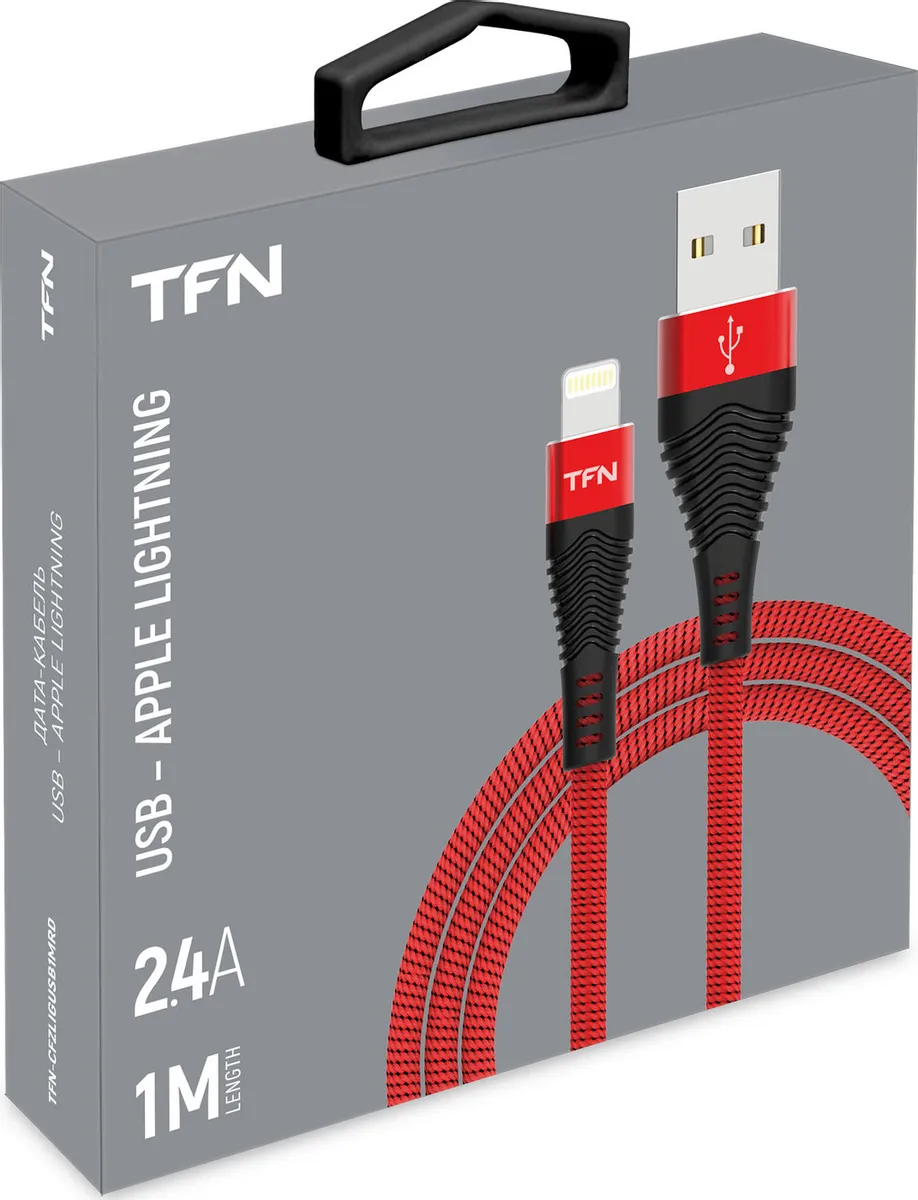 

Кабель USB-Lightning 8-pin, 2.4A, 1м, красный/черный TFN Forza (CFZLIGUSB1MRD), Forza
