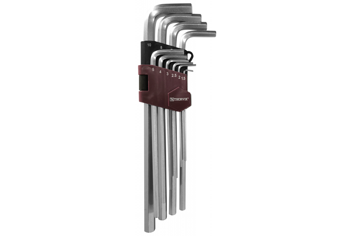 Набор имбусовых удлиненных ключей, предметов в наборе: 10шт., S2 сталь, ключи: имбусовые - 10шт., пластиковый держатель, Thorvik HKL10S (53052) - фото 1