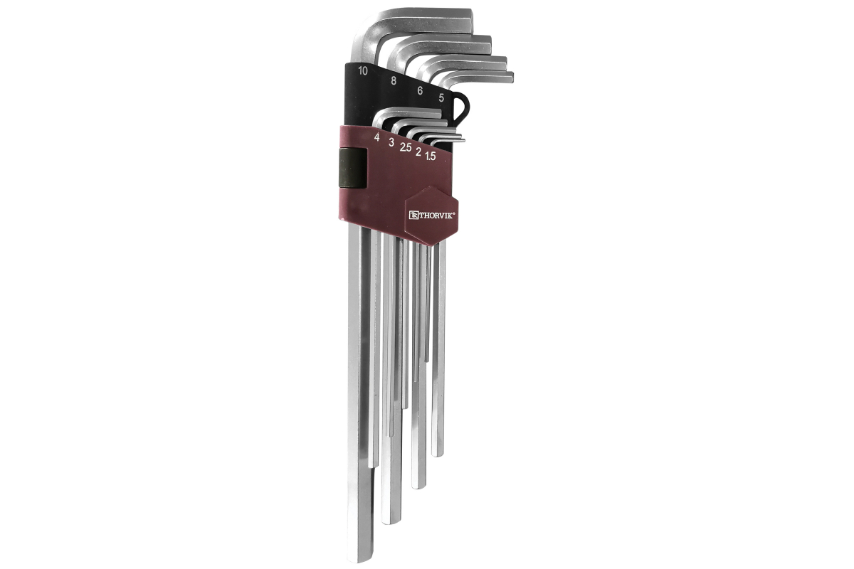 Набор имбусовых удлиненных ключей, предметов в наборе: 9шт., S2 сталь, ключи: имбусовые - 9шт., пластиковый держатель, Thorvik HKL9S (53051) - фото 1