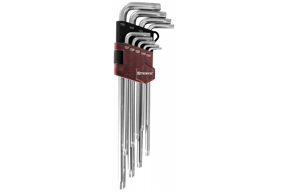 Набор имбусовых удлиненных TORX ключей, предметов в наборе: 9шт., S2 сталь, ключи: имбусовые - 9шт., пластиковый держатель, Thorvik TKL9S (53130) - фото 1