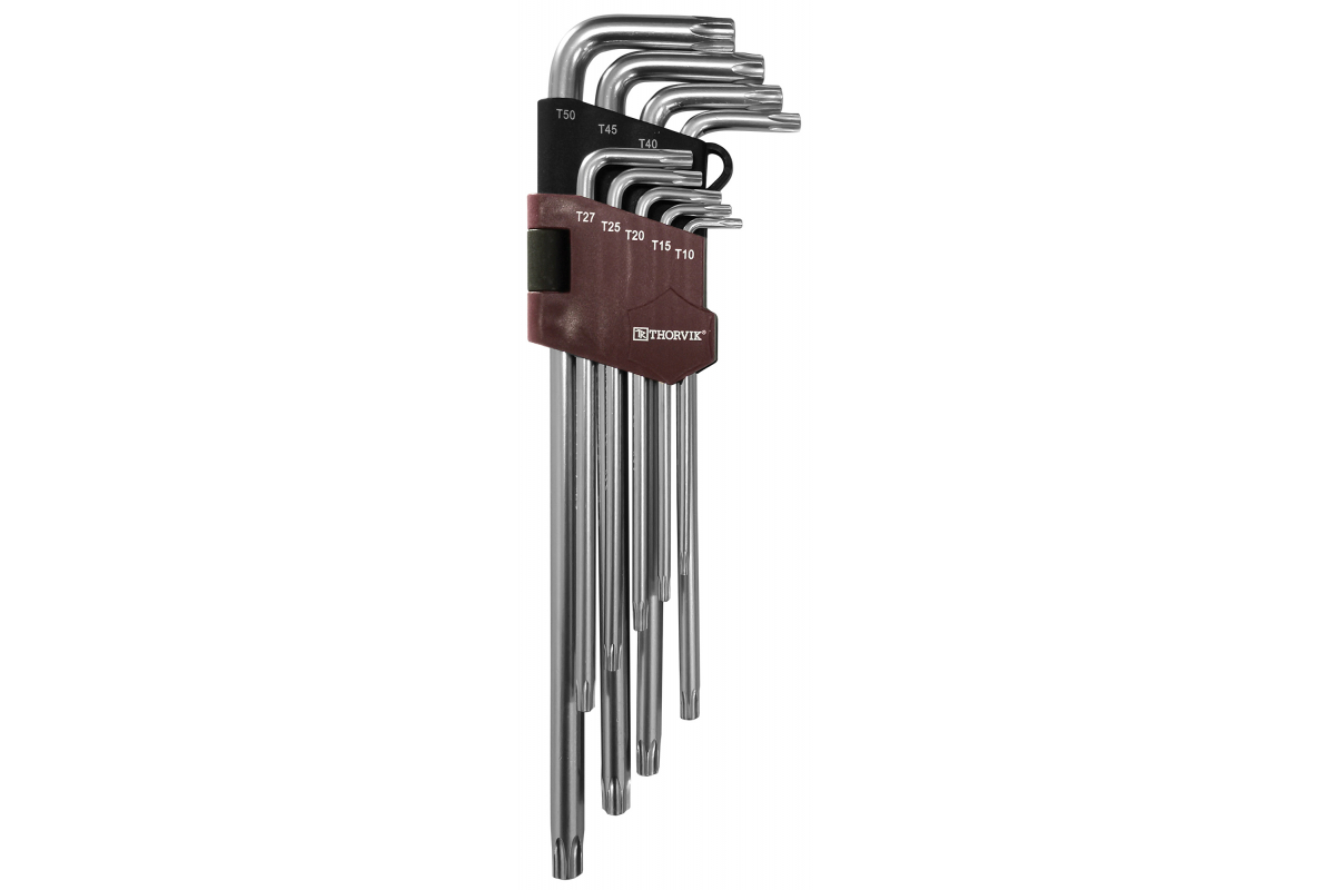 Набор ключей имбусовых удлиненных TORX с центрированным штифтом , S2 сталь, ключи: имбусовые - 9шт., пластиковый держатель, Thorvik TTKL9S (53160) - фото 1