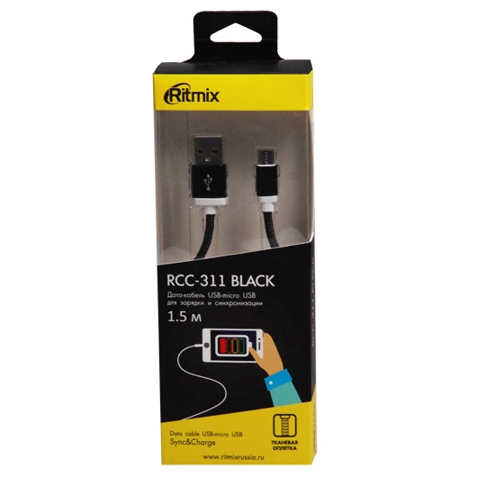 

Кабель USB2.0-microUSB , Ritmix, 1.5m, черный (RCC-311)
