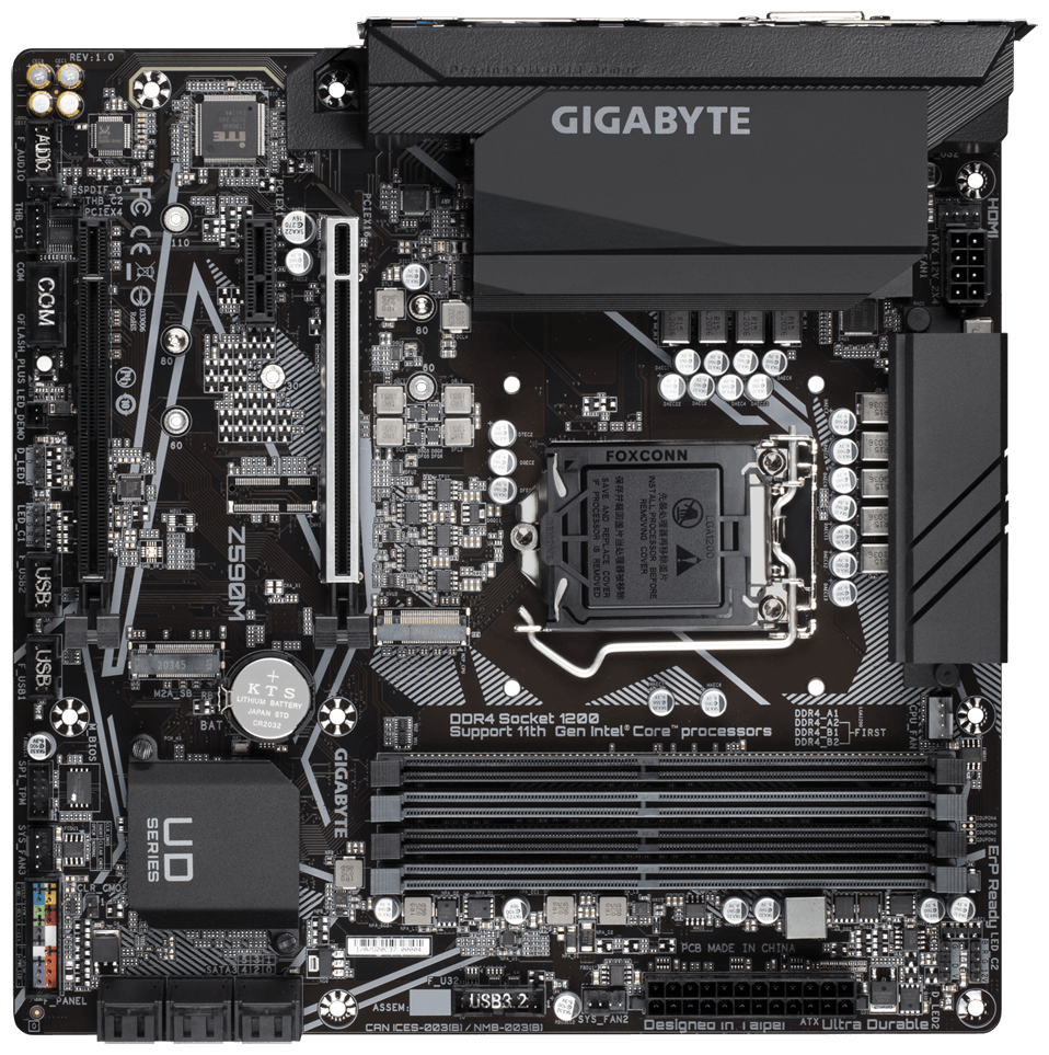 

Материнская плата GIGABYTE Z590M, Socket1200, Intel Z590, 4xDDR4, PCI-Ex16, 6SATA3, 7.1-ch, GLAN, 4USB 3.0, USB 3.1, USB Type-C, DVI, HDMI, DisplayPort, mATX, Retail, Z590M