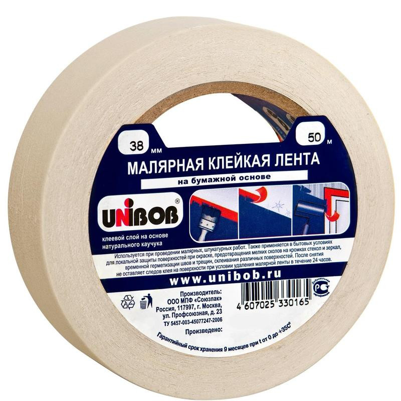 

Клейкая лента малярная 38мм x 50м односторонняя, бумага, белый, Unibob (28138), 0