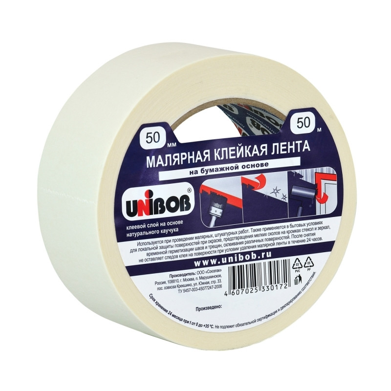 

Клейкая лента малярная 50мм x 50м односторонняя, бумага, белый, Unibob (28139)
