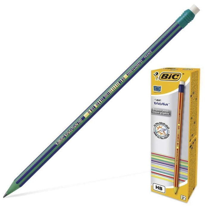 

Карандаш чернографитный HB, круглая форма, с ластиком, разноцветный, BIC Evolution 8960342, 8960342