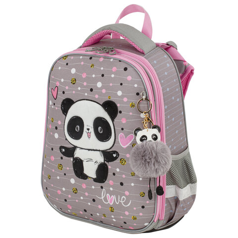 

Ранец Brauberg Premium Funny panda, анатомическая, вентилируемая, формоустойчивая спинка, 2 отделения, серый/розовый (229899)