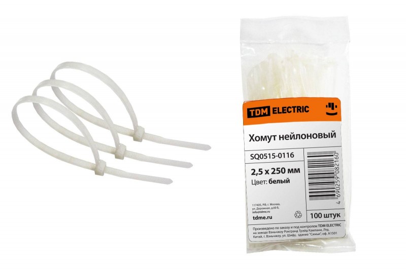 

Хомут TDM SQ0515-0116, 2.5мм x 250мм, 100шт., белый (SQ0515-0116), SQ0515-0116