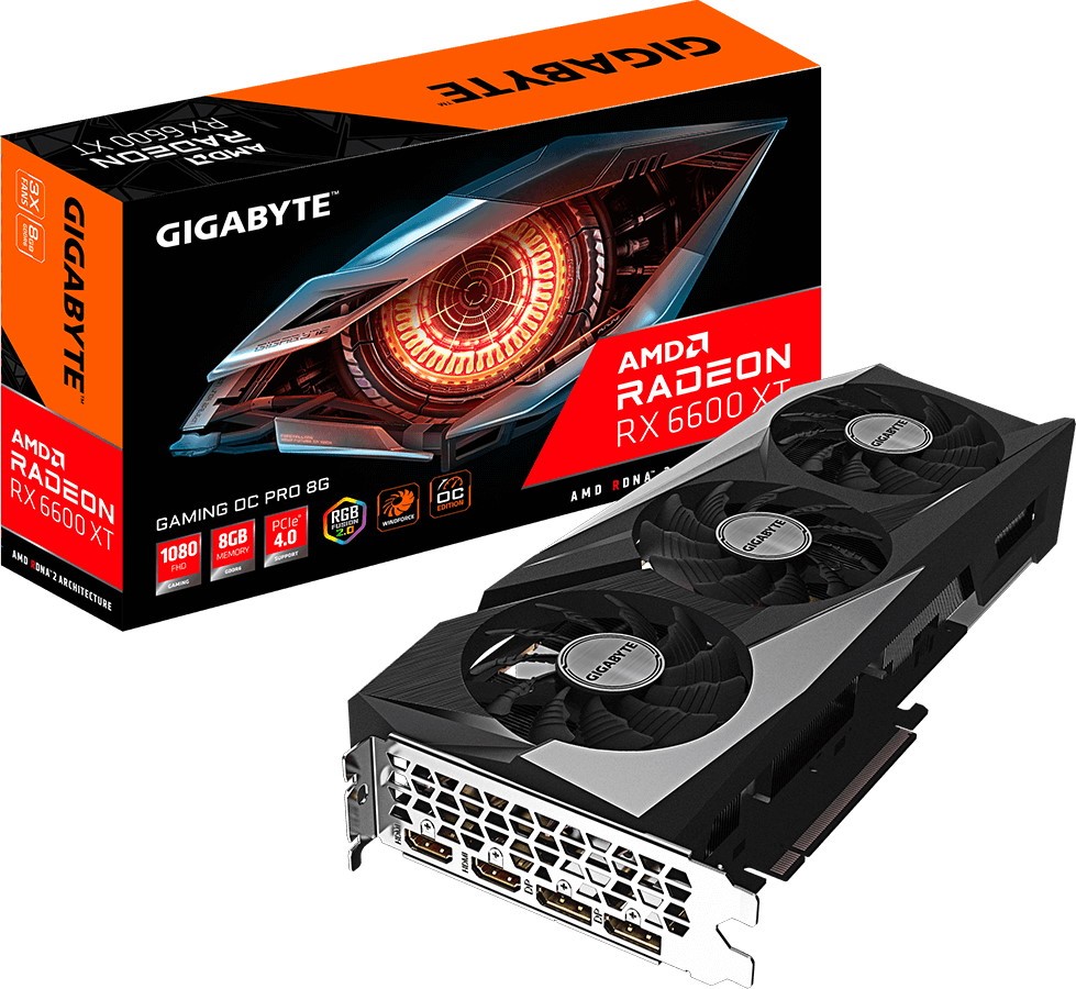 

Видеокарта GIGABYTE AMD Radeon RX 6600 XT GAMING OC PRO 8G, 8Gb DDR6, 128bit, PCI-E, 2HDMI, 2DP, Retail (GV-R66XTGAMINGOC PRO-8GD), GAMING OC PRO 8G