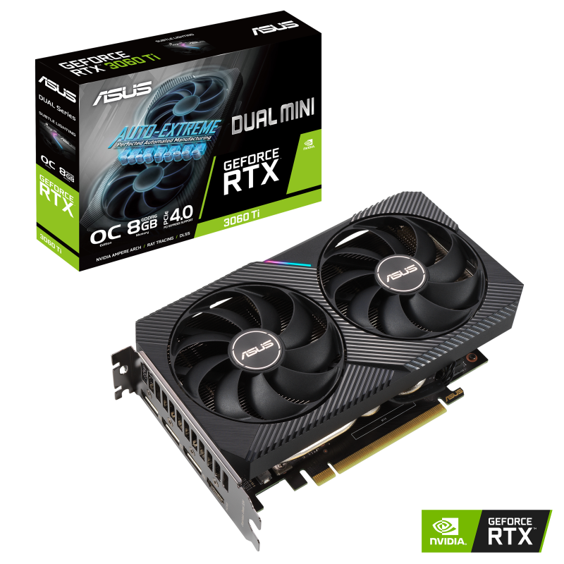 Видеокарта ASUS NVIDIA GeForce RTX 3060Ti Dual, 8Gb DDR6, 256 бит, PCI-E, HDMI, 3DP, Retail (DUAL-RTX3060TI-O8G-MINI-V2)