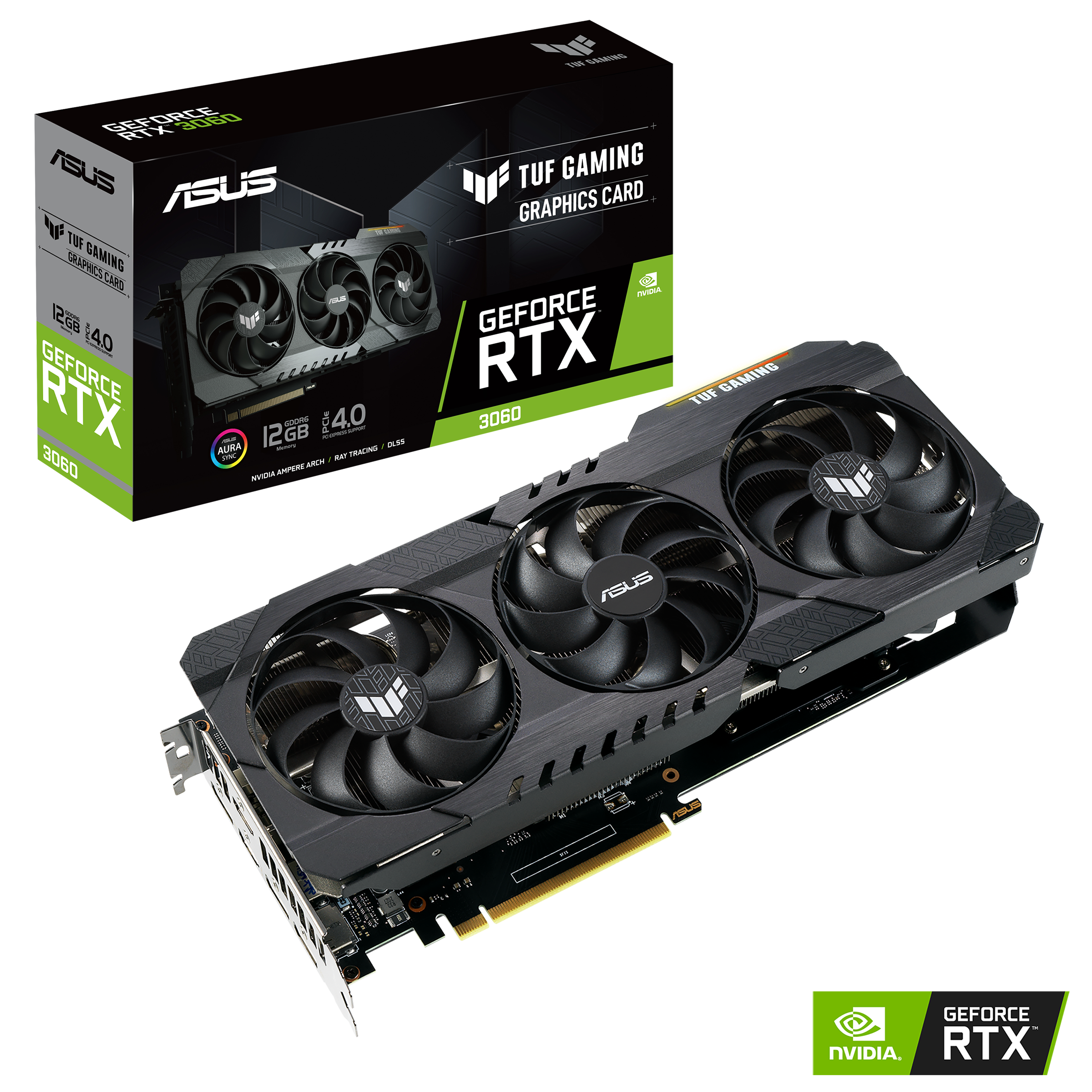 

Видеокарта ASUS NVIDIA GeForce RTX 3060 TUF Gaming, 12Gb DDR6, 192bit, PCI-E, 2HDMI, 3DP, Retail (TUF-RTX3060-12G-V2-GAMING LHR), TUF Gaming