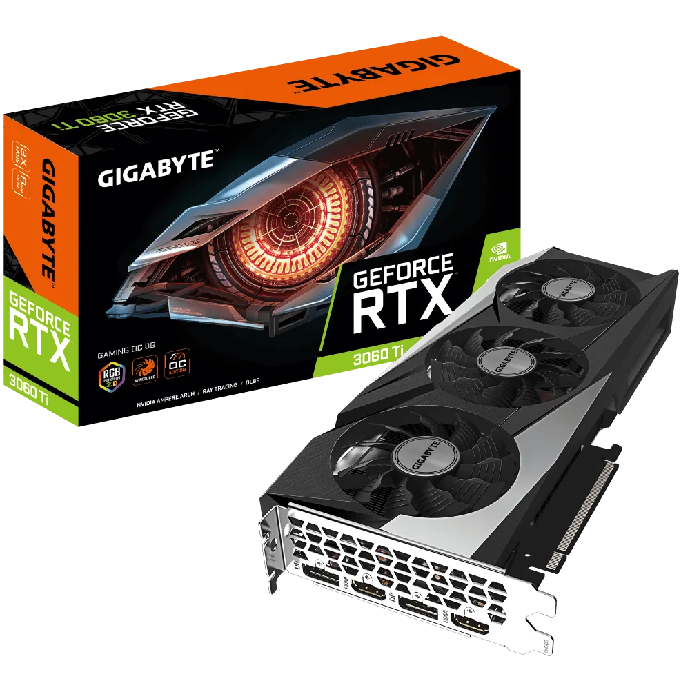 

Видеокарта GIGABYTE NVIDIA GeForce RTX 3060Ti GAMING OC 8G, 8Gb DDR6, 256 бит, PCI-E, 2HDMI, 2DP, Retail (GV-N306TGAMING OC-8GD 2.0), GAMING OC 8G