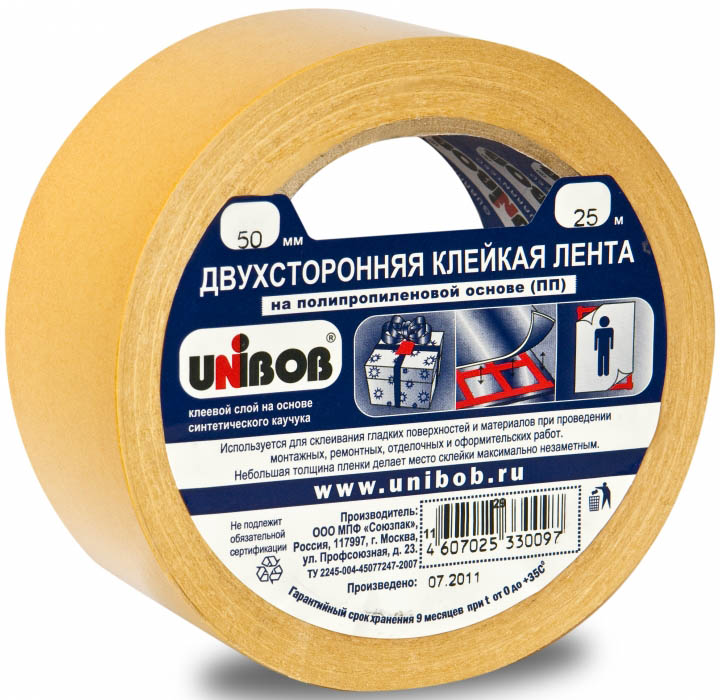 Клейкая лента монтажная 38мм x 25м двусторонняя, белый, Unibob (01470)