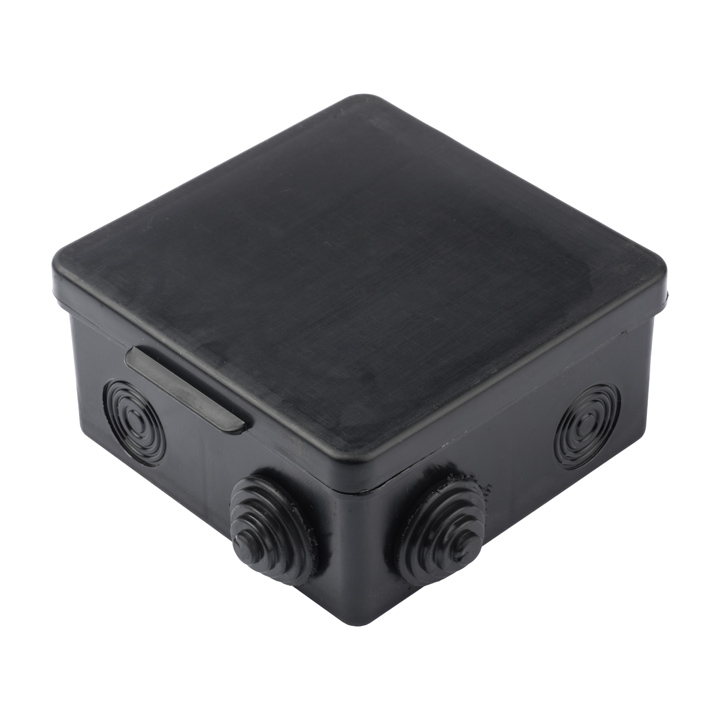 Коробка распаячная квадратная 10.5 см x 10.5 см, глубина 5.5 см, наружный монтаж, IP54, вводов:8, наличие сальников, черный, с крышкой, EKF PROxima КМР-030-014 (plc-kmr-030-014-b)