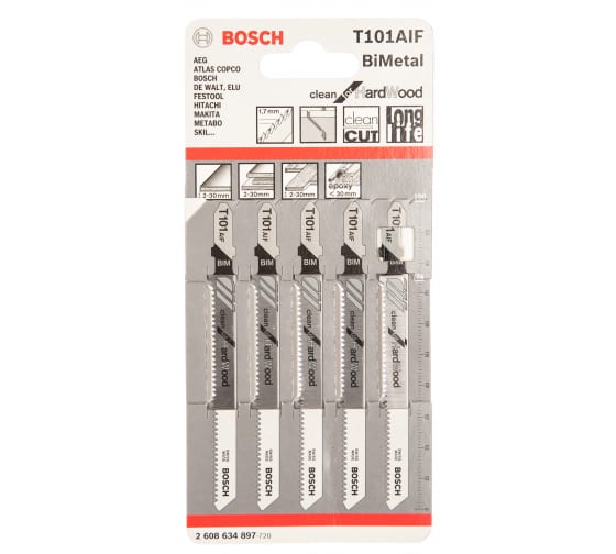 

Пилка для лобзика Bosch T101AIF L100ммx77мм, чистый рез, по дереву, 5шт. (2.608.634.897), T101AIF
