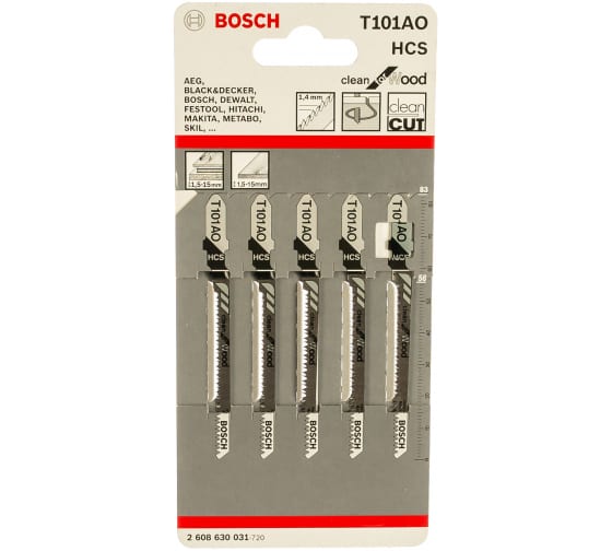Пилка для лобзика Bosch T101АО L83ммx56мм, чистый рез, по дереву, 5шт. (2.608.630.031)