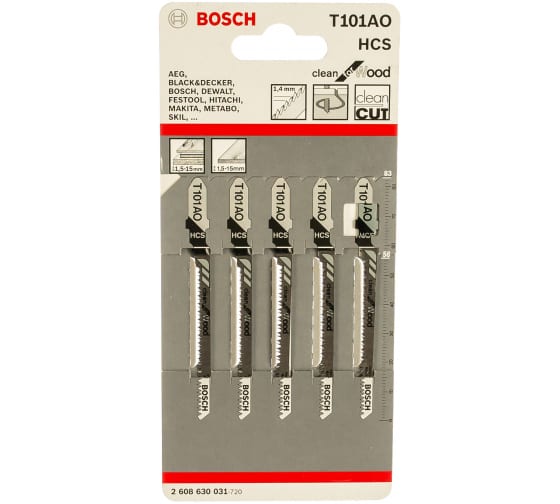 

Пилка для лобзика Bosch T101АО L83ммx56мм, чистый рез, по дереву, 5шт. (2.608.630.031), T101АО