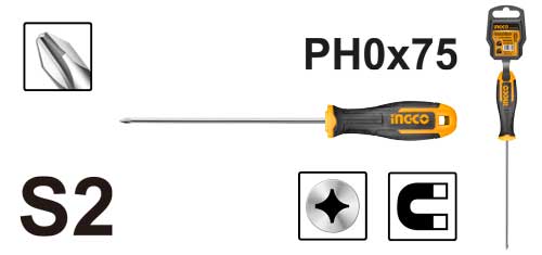 Отвертка крестообразный PH0x75мм, CrV, магнитный наконечник, прорезиненная рукоять, INGCO INDUSTRIAL (HS68PH0075)