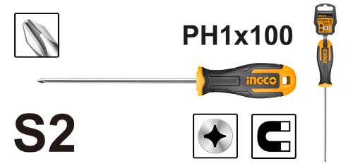 Отвертка крестовая PH1/1x100мм, CrV, магнитный наконечник, прорезиненная рукоять, INGCO INDUSTRIAL (HS68PH1100)