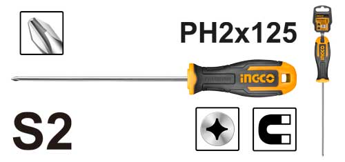 Отвертка крестовая PH2/2x125мм, CrV, магнитный наконечник, прорезиненная рукоять, INGCO INDUSTRIAL (HS68PH2125)