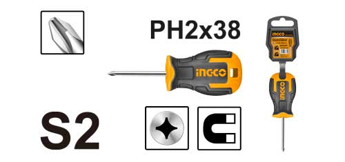 Отвертка крестовая PH2/2x38мм, CrV, магнитный наконечник, прорезиненная рукоять, INGCO INDUSTRIAL (HS68PH2038)