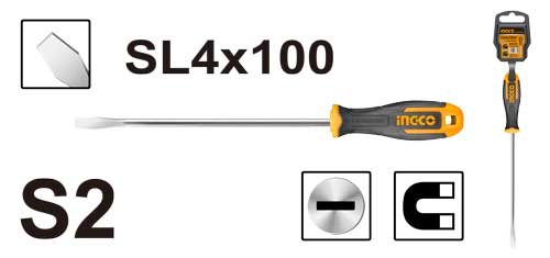 Отвертка плоская SL4x100мм, CrV, магнитный наконечник, прорезиненная рукоять, INGCO INDUSTRIAL (HS684100)