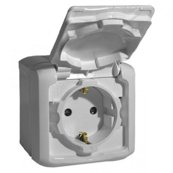

Розетка Legrand Quteo, открытый монтаж, однопостовая, с з/к, со шторками, с крышкой, 16A, в сборе, IP44, серый (782351)