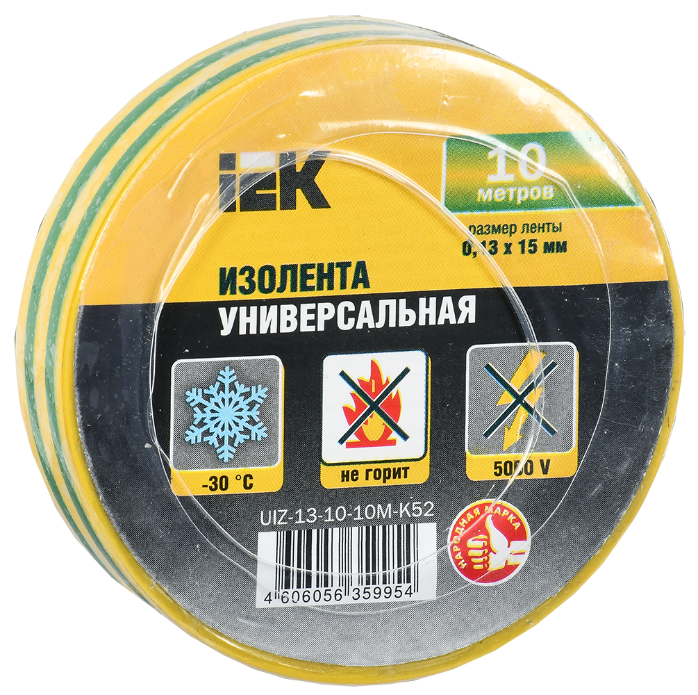 Изолента ПВХ, 130 мкм/1.5 см/10 м, желто-зеленая, IEK (UIZ-13-10-10M-K52)