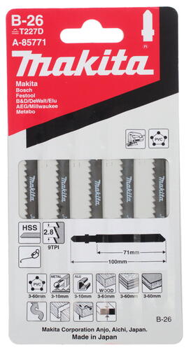 

Пилка для лобзика Makita T227D L100ммx71мм, прямой, фигурный, дерево, металл, пластик, 5шт. (A-85771), T227D