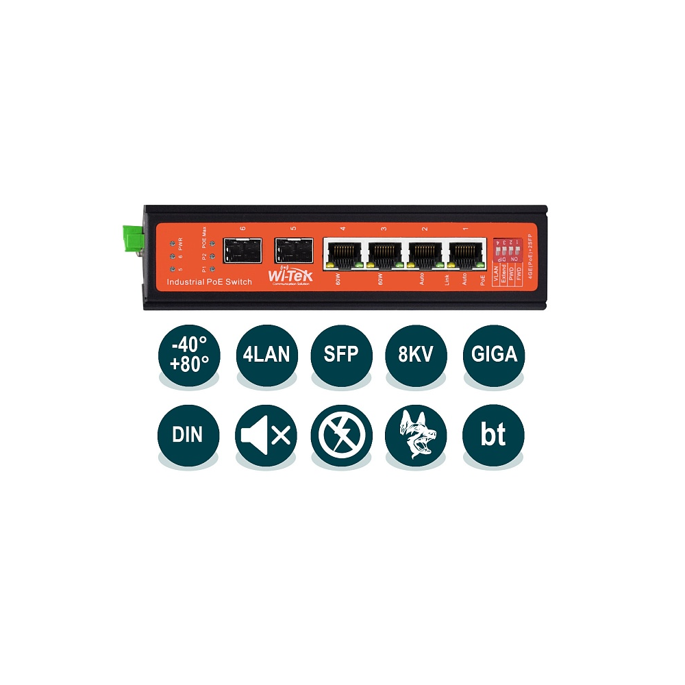 Коммутатор Wi-Tek WI-PS306GF-I v2, кол-во портов: 4x1 Гбит/с, кол-во SFP/uplink: SFP 2x1 Гбит/с, PoE: 4x60Вт (WI-PS306GF-I v2) - фото 1