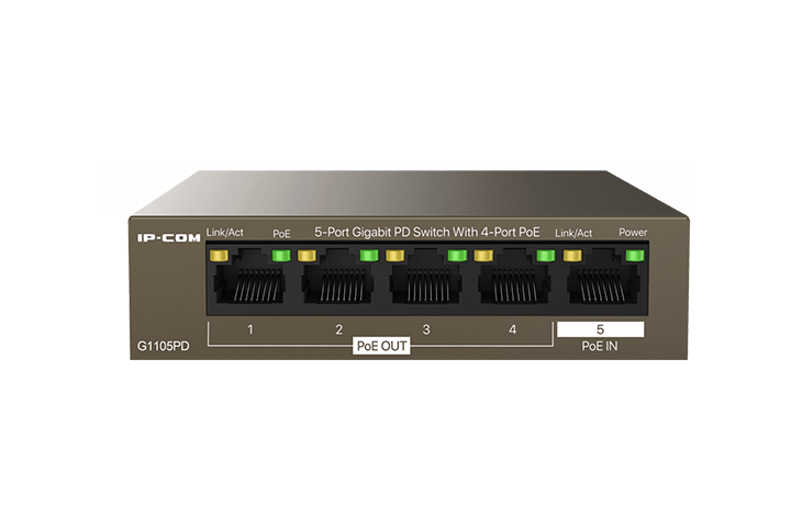 

Коммутатор IP-Com G1105PD, кол-во портов: 5x1 Гбит/с, PoE: 4x15.4Вт (макс. 30Вт) (G1105PD), G1105PD